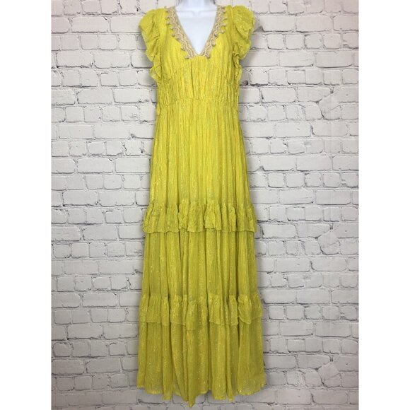 Ciebon Ryva Galey Metallic Stripe Ruffle Tiered Maxi Dress Size S Yellow - Picture 1 of 9